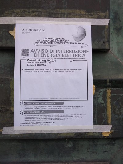 Interruzione energia elettrica mensa Corso Giovecca